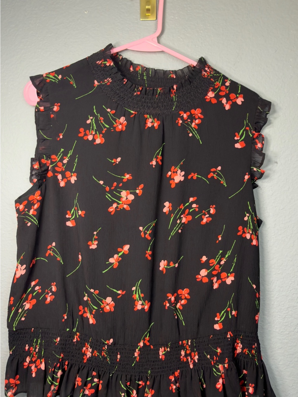 J. Crew Black Sleeveless Floral Smocked-Neck Blouse
